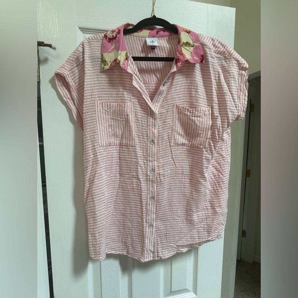CAbi Pink Striped Shirt with Floral Collar/ Merger top